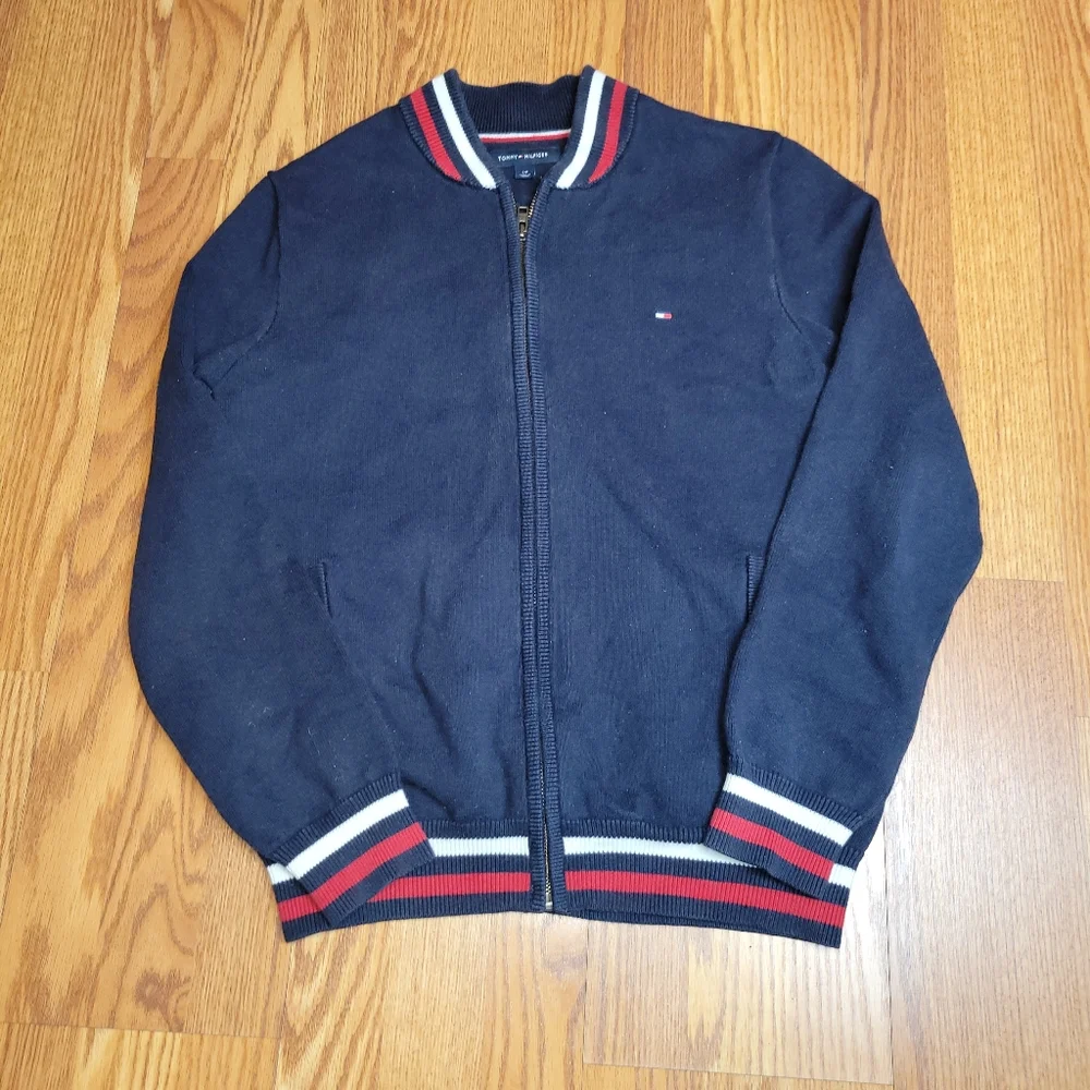 Tommy Hilfiger Blue Full ZIP Knit Sweater Navy With White Red Flag Stripes Sm/P - Picture 5 of 10